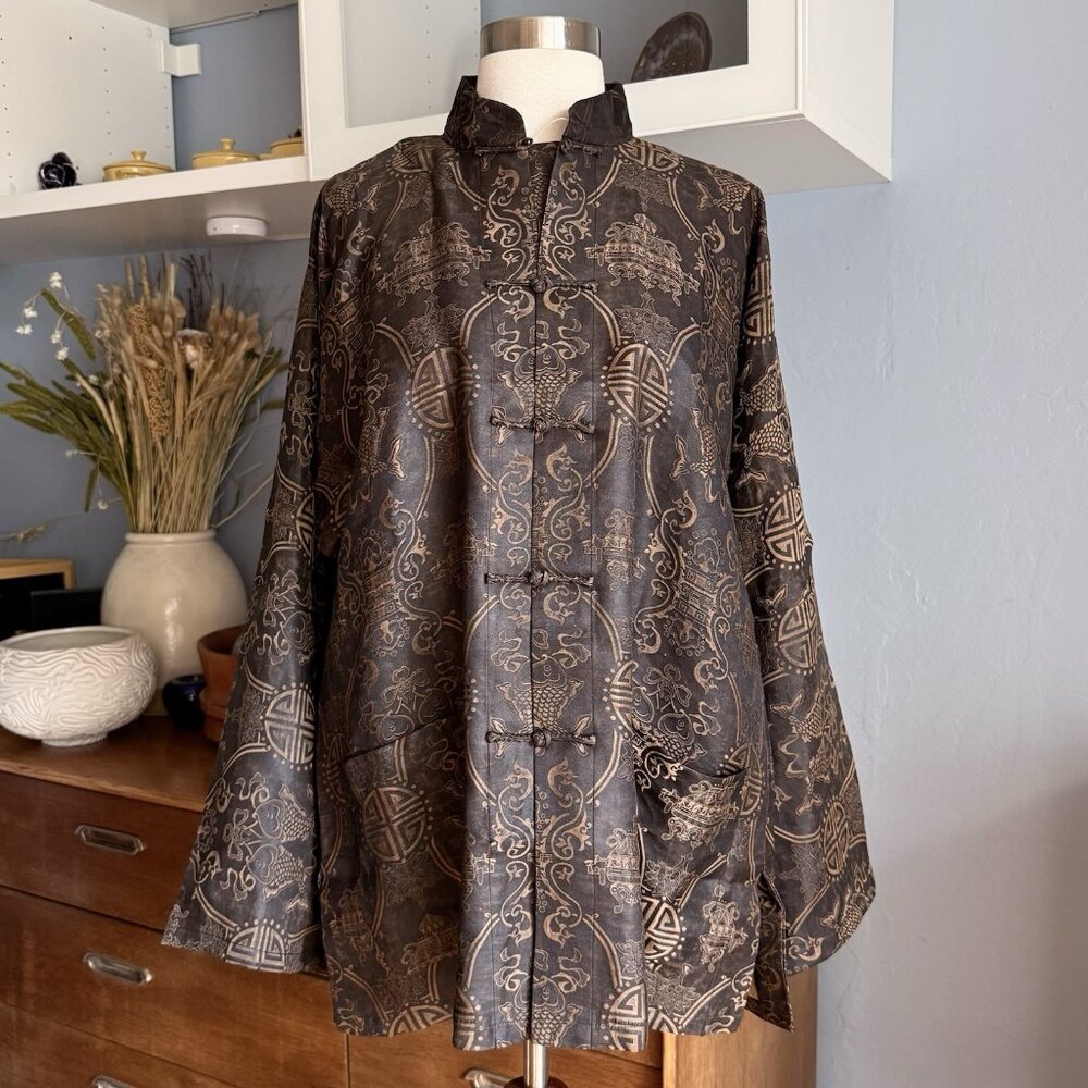 SOLD Ethnic Chinese Tang Silk Brown Shirt Mandarin Collar Frog Button XL